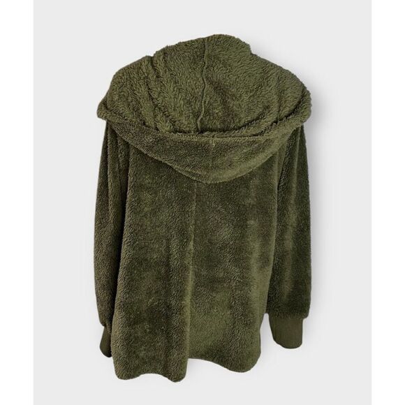 HEM & THREAD PLUSH FUZZY HOODED JACKET W/ POCKETS OLIVE WOMEN’S ONE SIZE - Picture 8 of 8